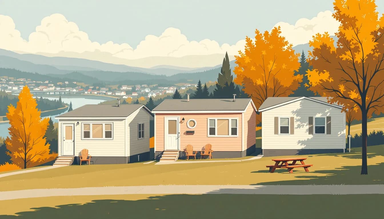 Row of three manufactured houses on an Appalachian hillside street with porches, a shared picnic table and autumn trees