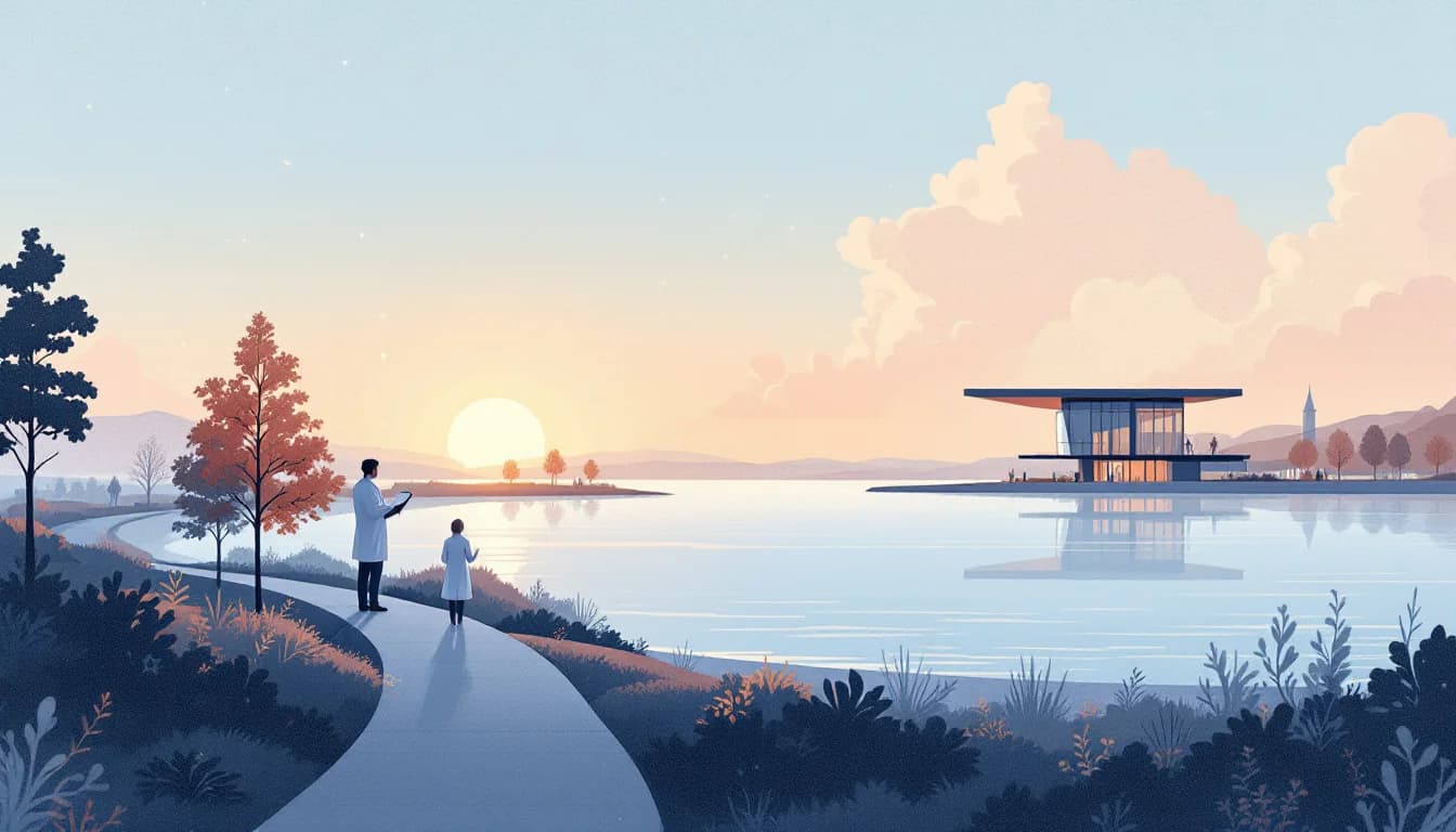 Warm editorial illustration of a waterfront treatment campus research building with laboratory glassware and clinician silhouettes