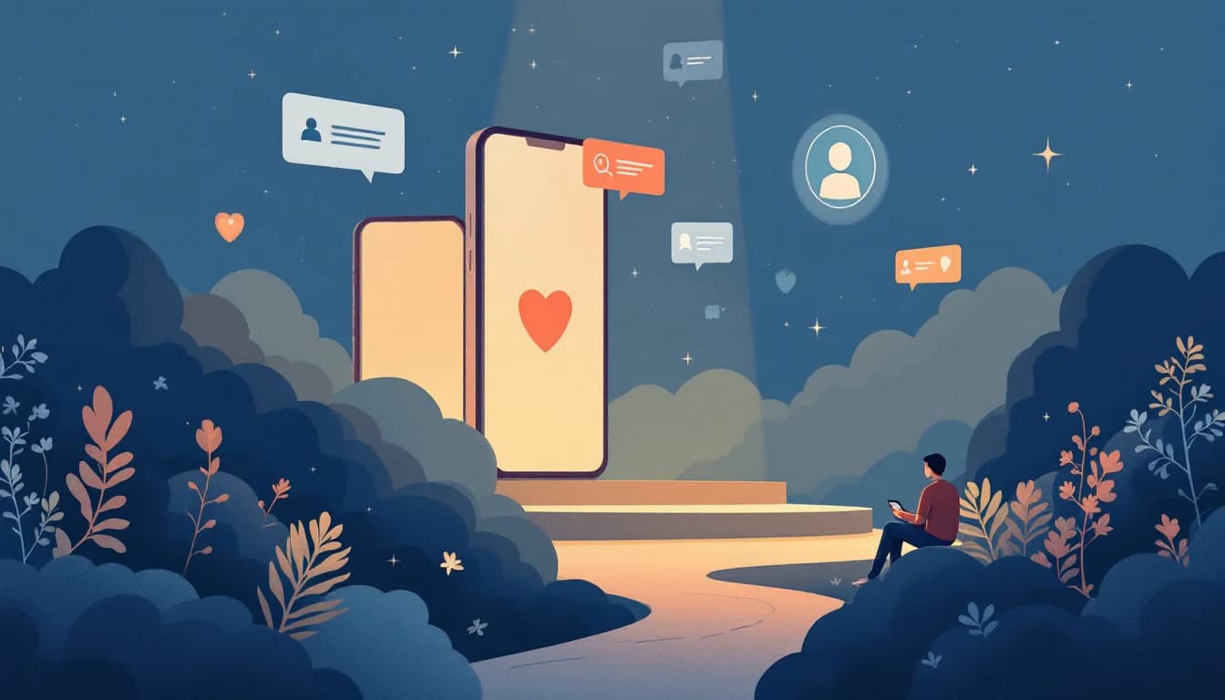 Smartphone screens layered with advertising banners and a search symbol beside a seated figure, warm editorial illustration