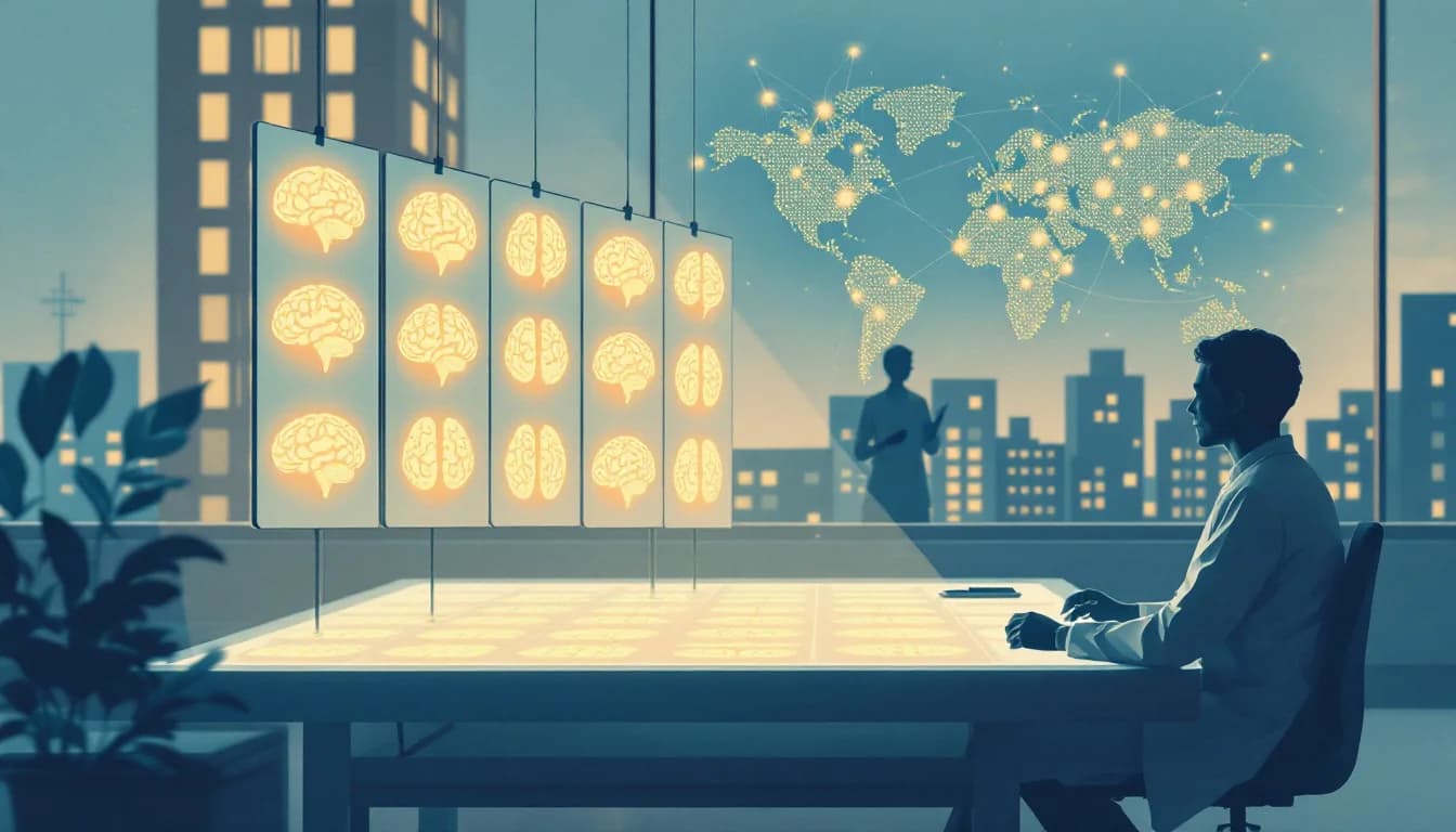 Brain scan silhouettes arranged in rows beside a research building, warm editorial illustration