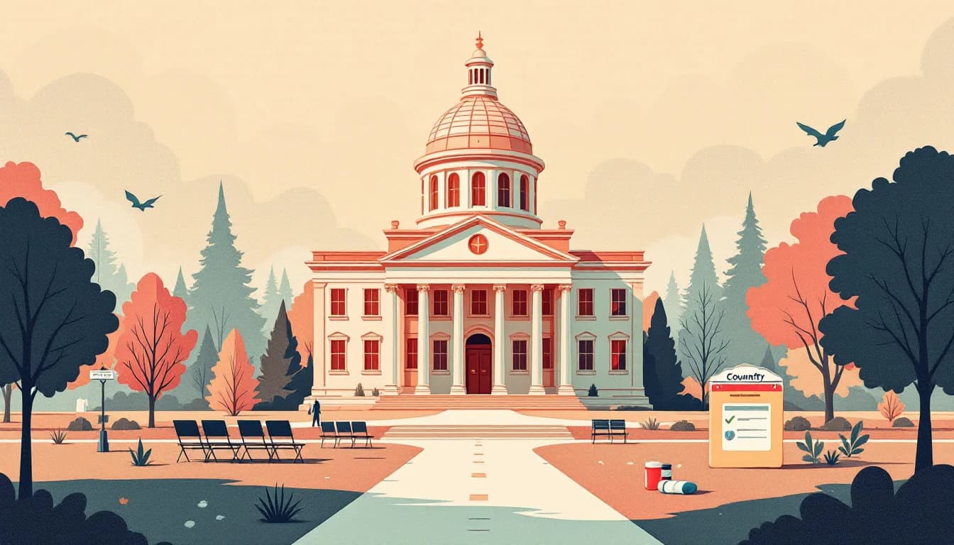 Editorial illustration of a county courthouse, a budget ledger and medication vials in warm muted tones