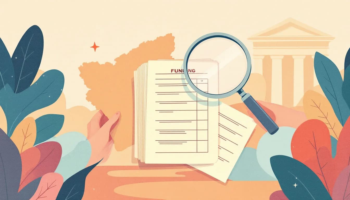 Illustration of county maps, ledger pages and a magnifying glass over funding records, warm editorial tones