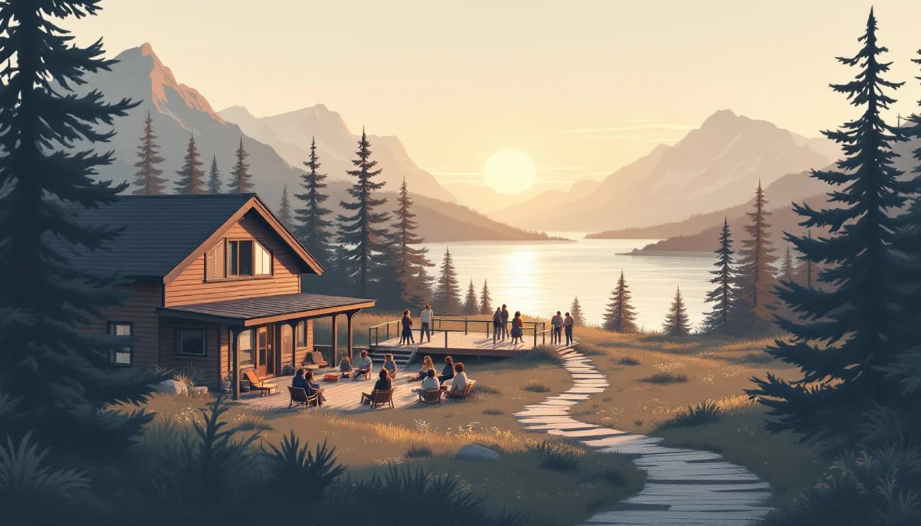 Coastal Alaska village with a renovated lodge and a small peer support circle, warm editorial illustration