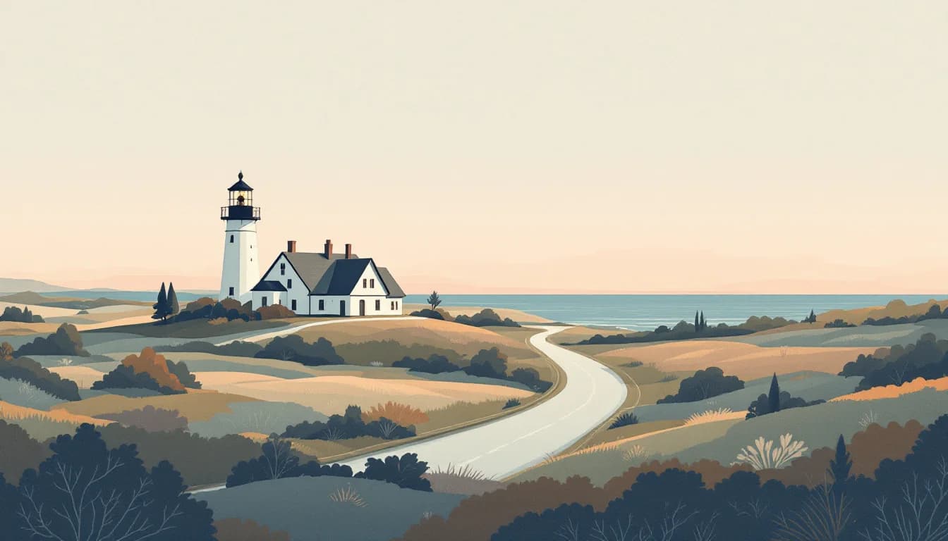 A coastal New England town with a community health center and a road leading toward it, warm editorial illustration