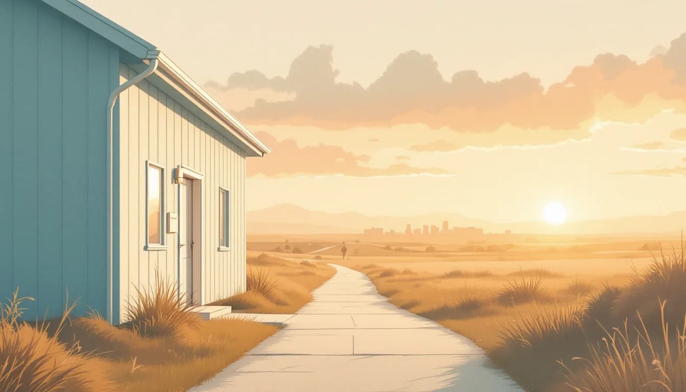 Warm editorial illustration of a rural hospital entrance with a path leading out toward a small town, muted amber and sage tones