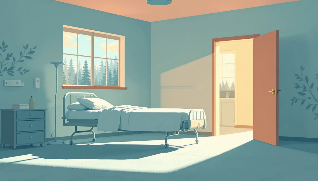 Warm editorial illustration of an empty withdrawal management room with morning light through a window, muted sage and amber tones