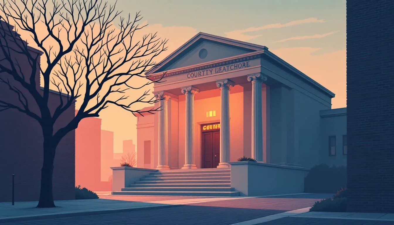 Warm editorial illustration of a city courthouse steps at dusk with muted amber and slate tones, no figures in focus