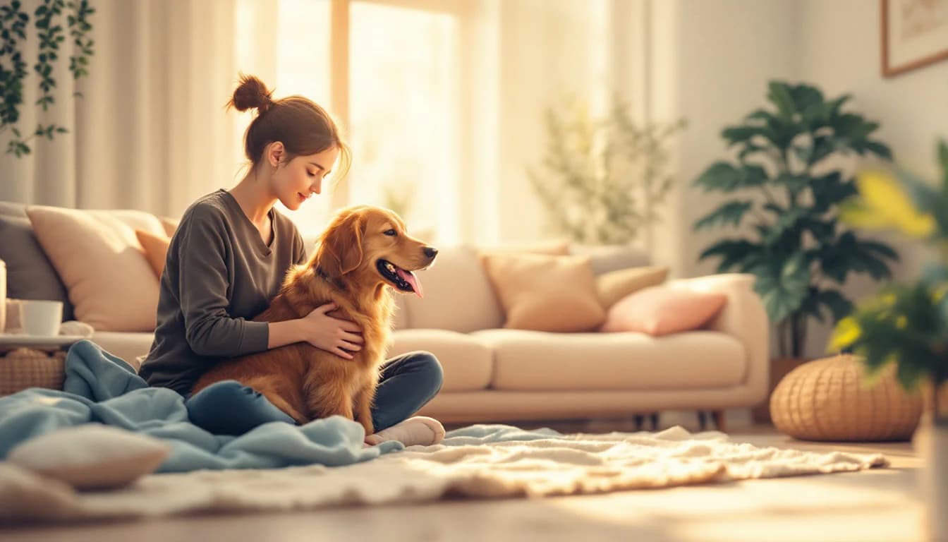 Warm illustration of a person in recovery with a supportive companion dog, animal-assisted therapy concept